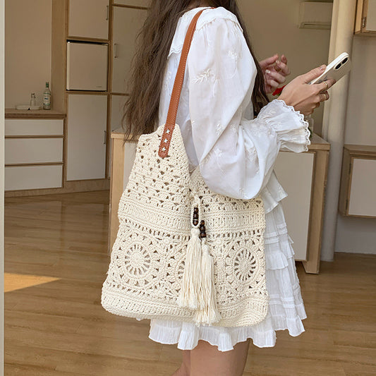Women's Capacity Cotton Braided Hollow Mesh Seaside Bags