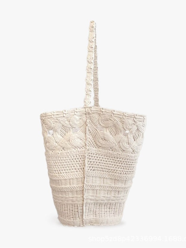 Pure White Hollow Lace Straw French Woven Vacation Beach Bucket Bag