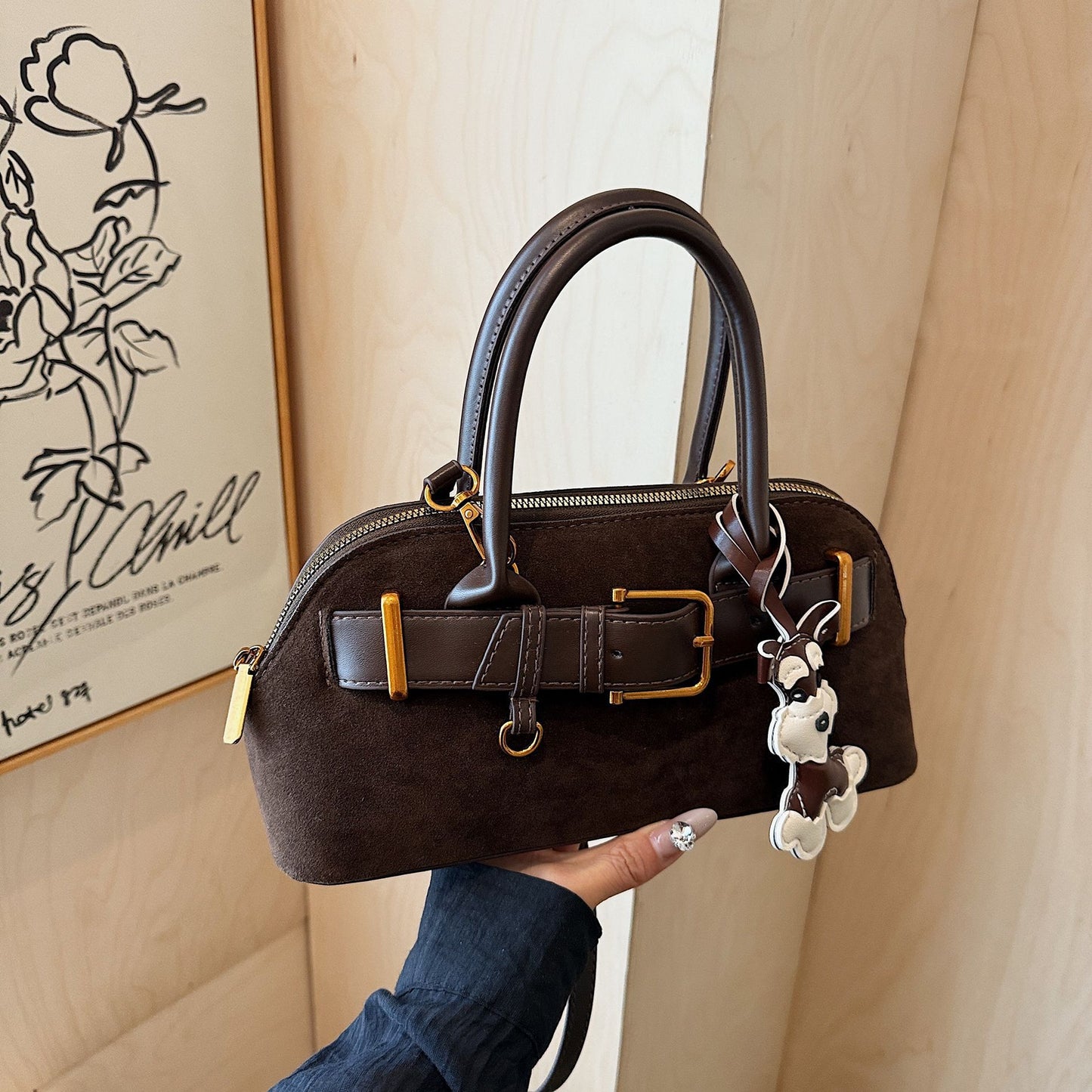 Women's Suede Korean Style Stitching Machine Car Women's Shoulder Bag