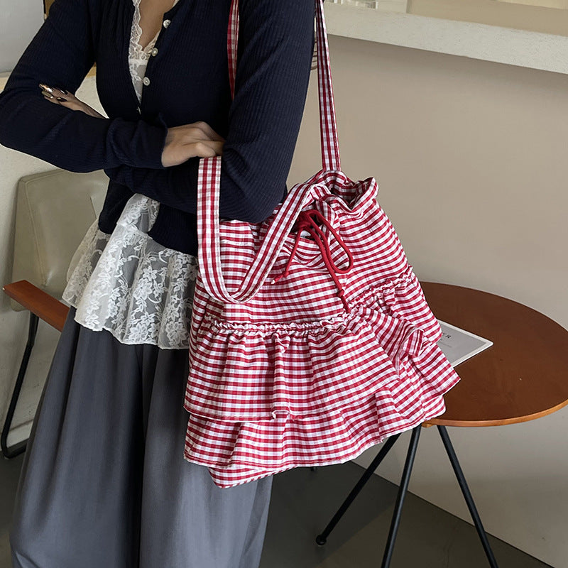 Women's Trendy Plaid Korean Style Fashion Large Capacity Canvas Tote Bags