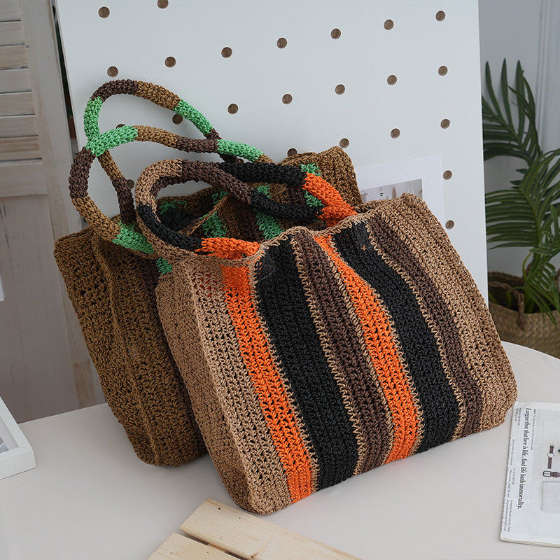 Straw Woven Hand Underarm Vertical Striped Women's Handbag