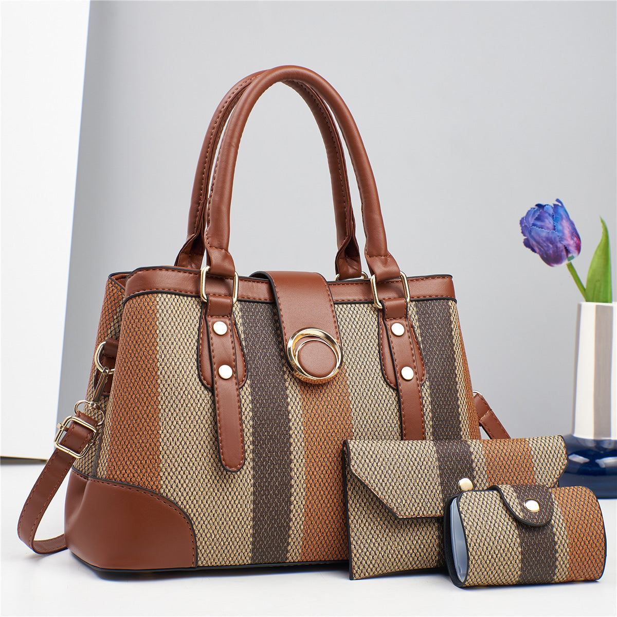 Large Capacity Stitching Canvas Three-piece Color Matching Bags