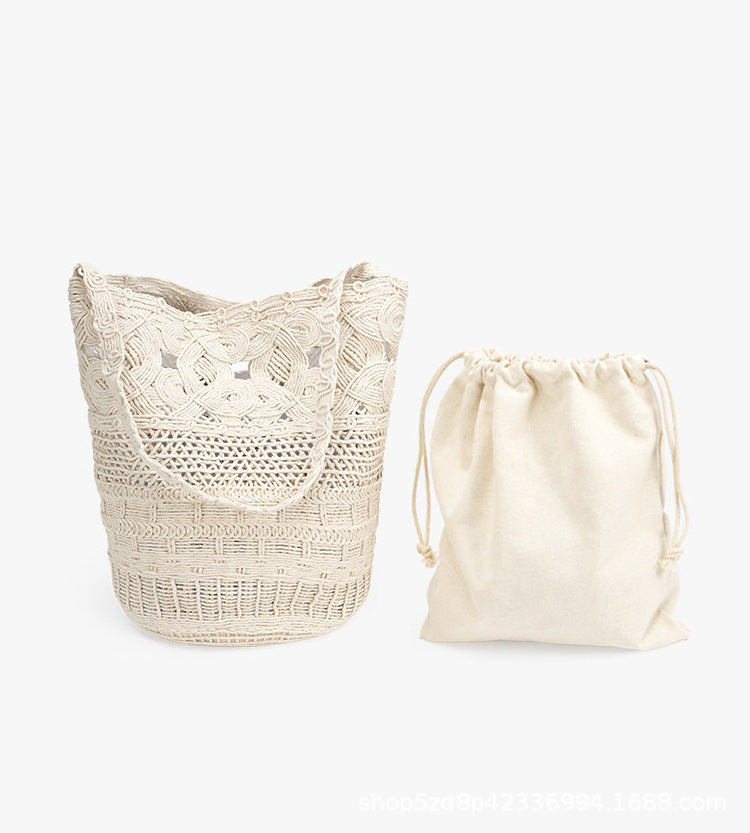 Pure White Hollow Lace Straw French Woven Vacation Beach Bucket Bag