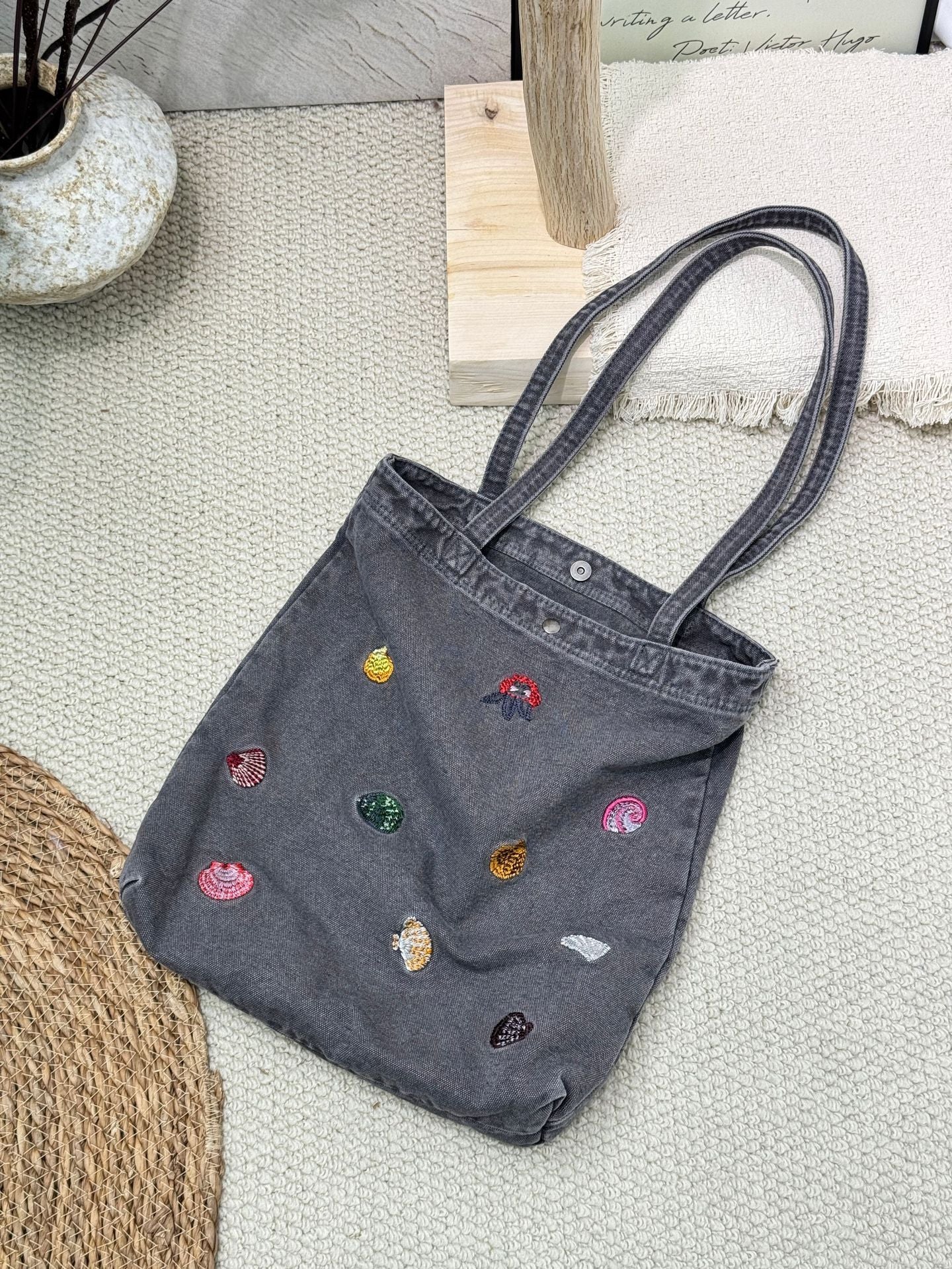 Korean Washed-out Denim Cute Embroidered Puppy Large Capacity Tote Bag