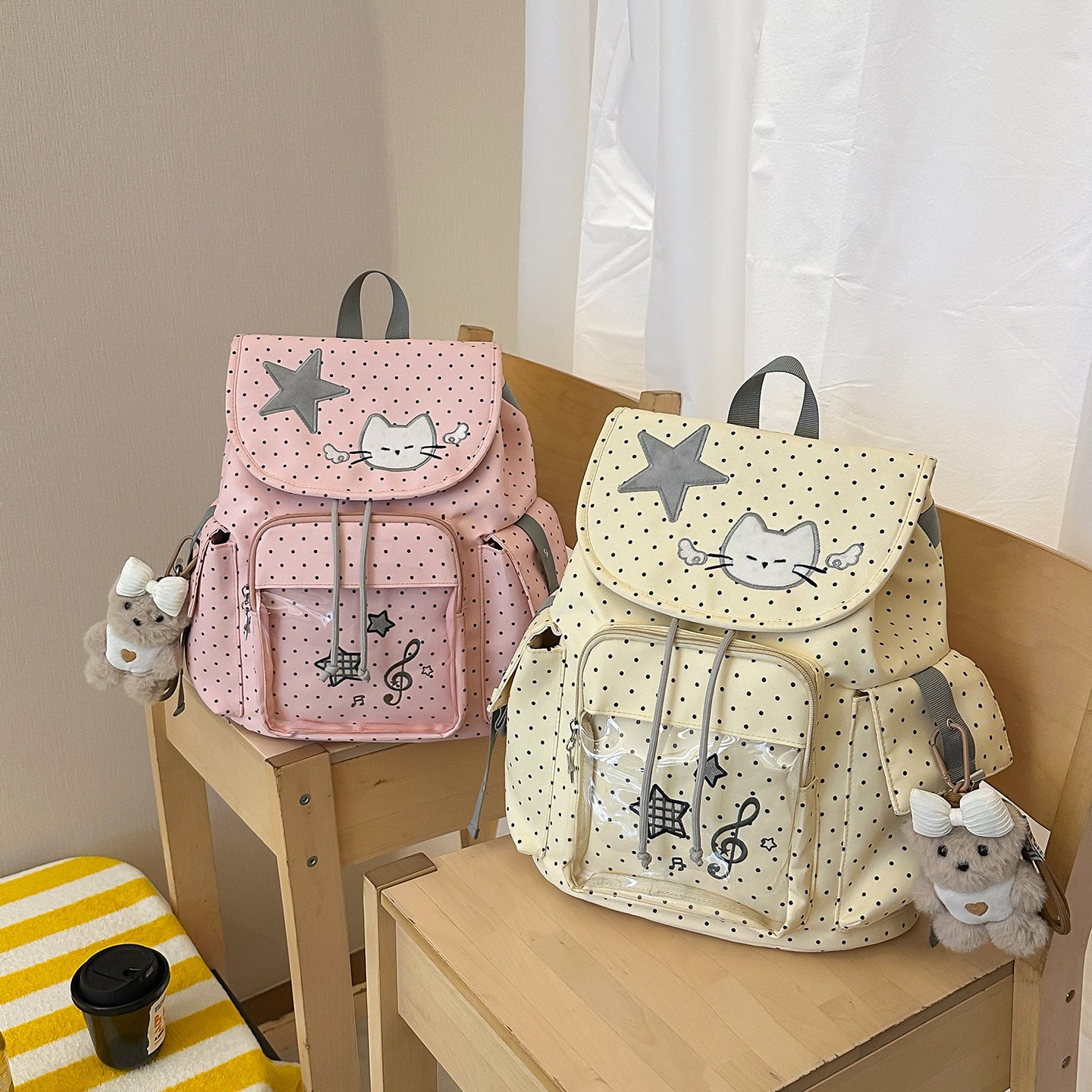 Women's Polka Dot Style Cartoon Cute Kitten Leisure Backpack