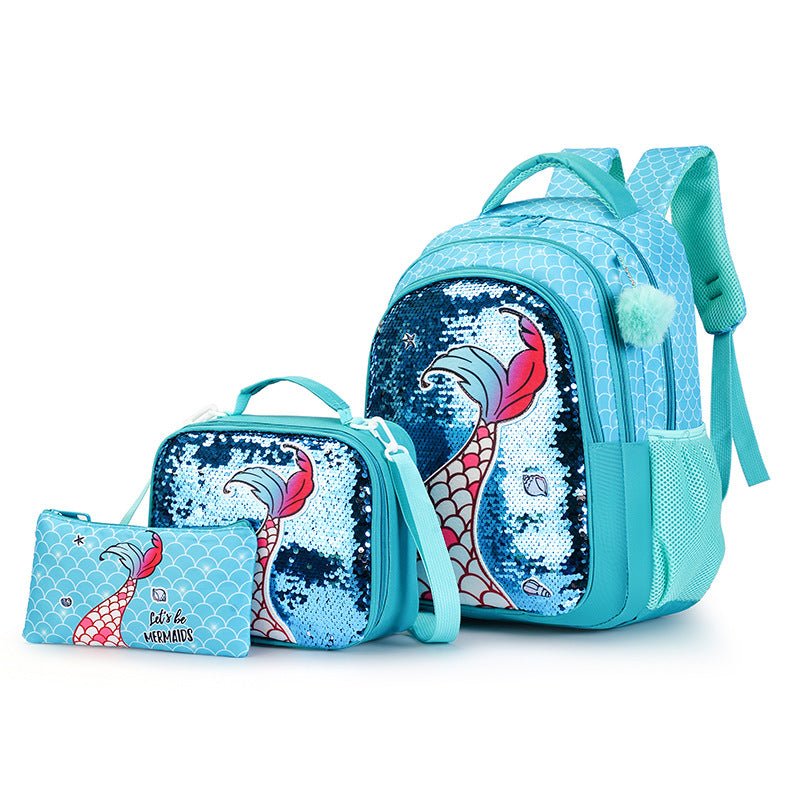 Portable Unicorn Mermaid Three-piece Lunch Pencil Large Capacity Practical Women's Backpack