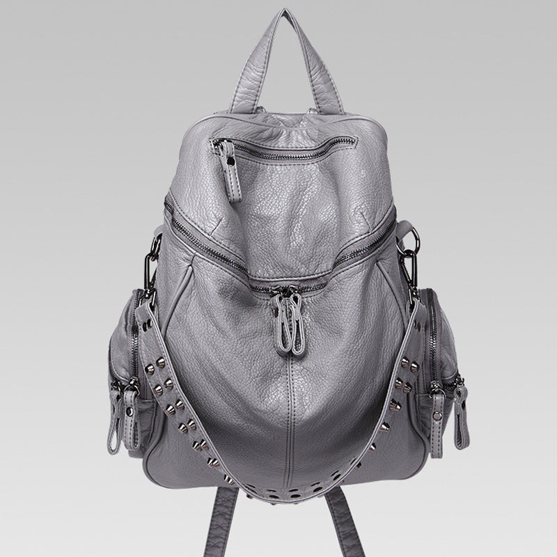 Women's High-grade Rivet Washed Leather Solid Color Soft Surface Large Women's Backpack