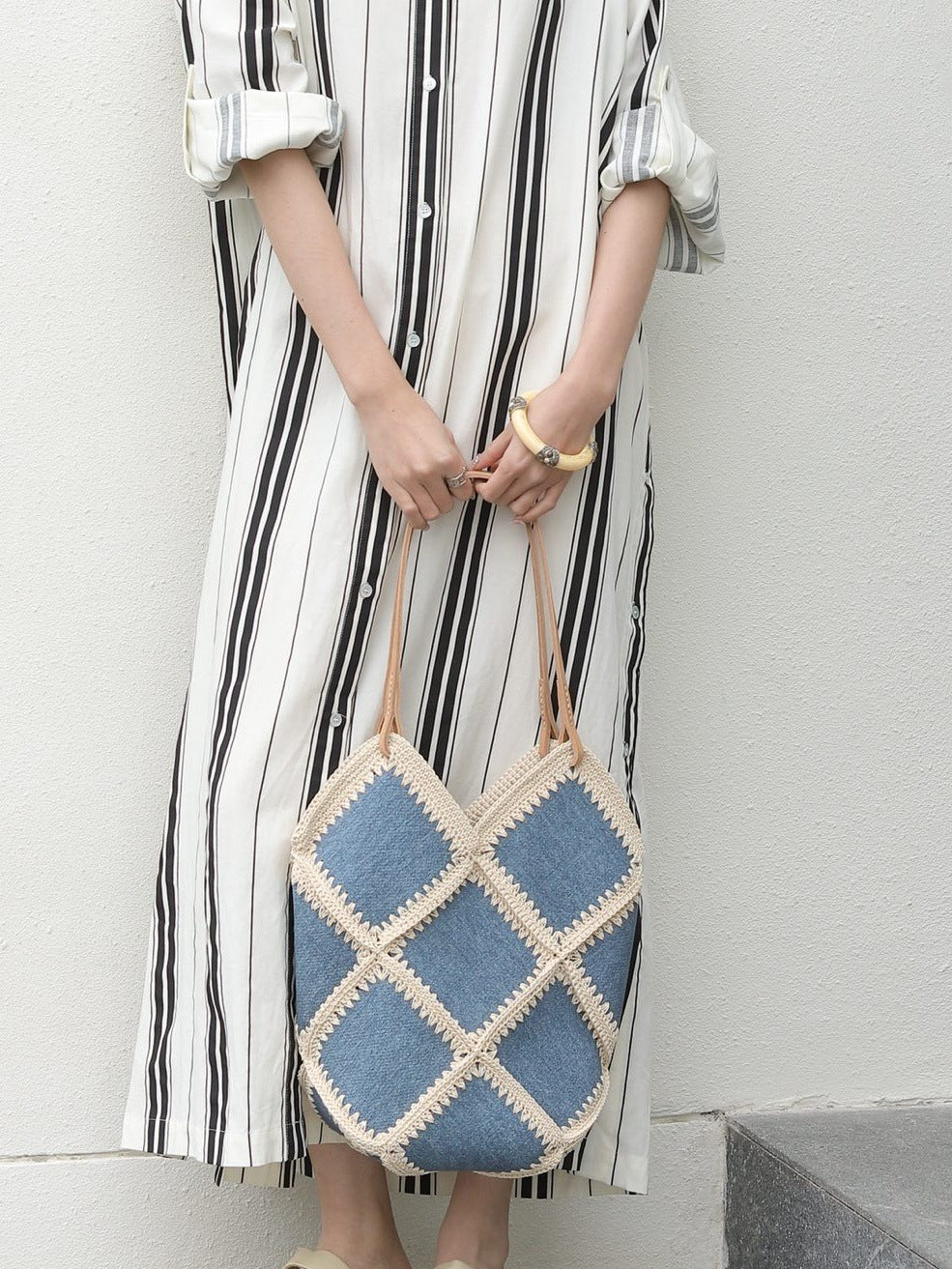 Lightweight Woven Denim Pattern Cowhide Niche Leisure Bags