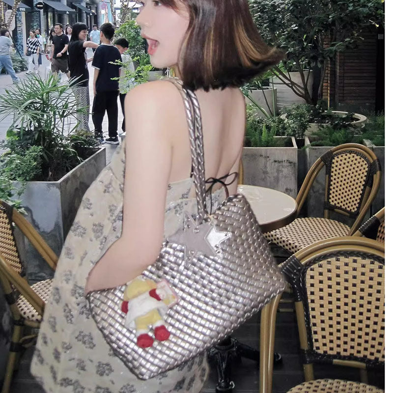 Hand-woven Medium Champagne Gold Soft Leather Idle Style Commuter Large Women's Shoulder Bag