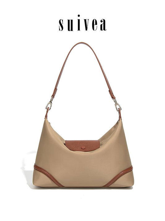 Idle Style One Underarm Nylon Leather Patchwork Flip Dumpling Tote Bag