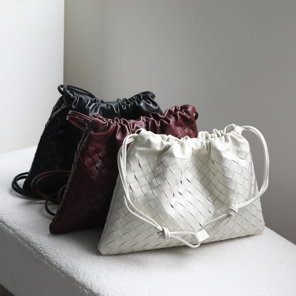 Women's Sheepskin Woven Dumpling Garbage Genuine Leather Drawstring Underarm Hand Holding Women's Shoulder Bag