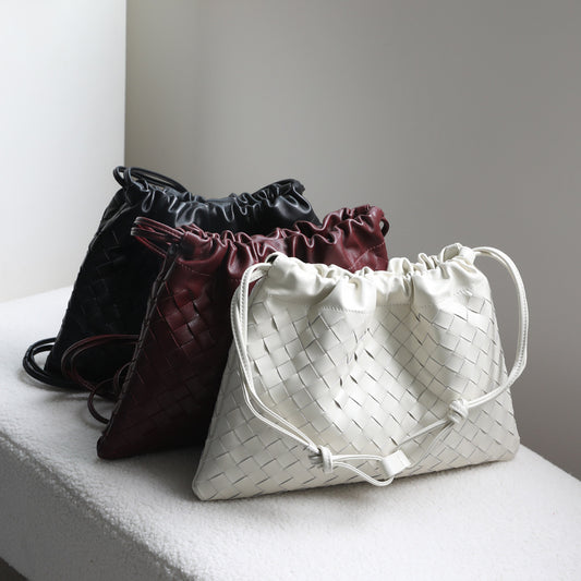 Women's Sheepskin Woven Dumpling Garbage Genuine Leather Drawstring Underarm Hand Holding Women's Shoulder Bag
