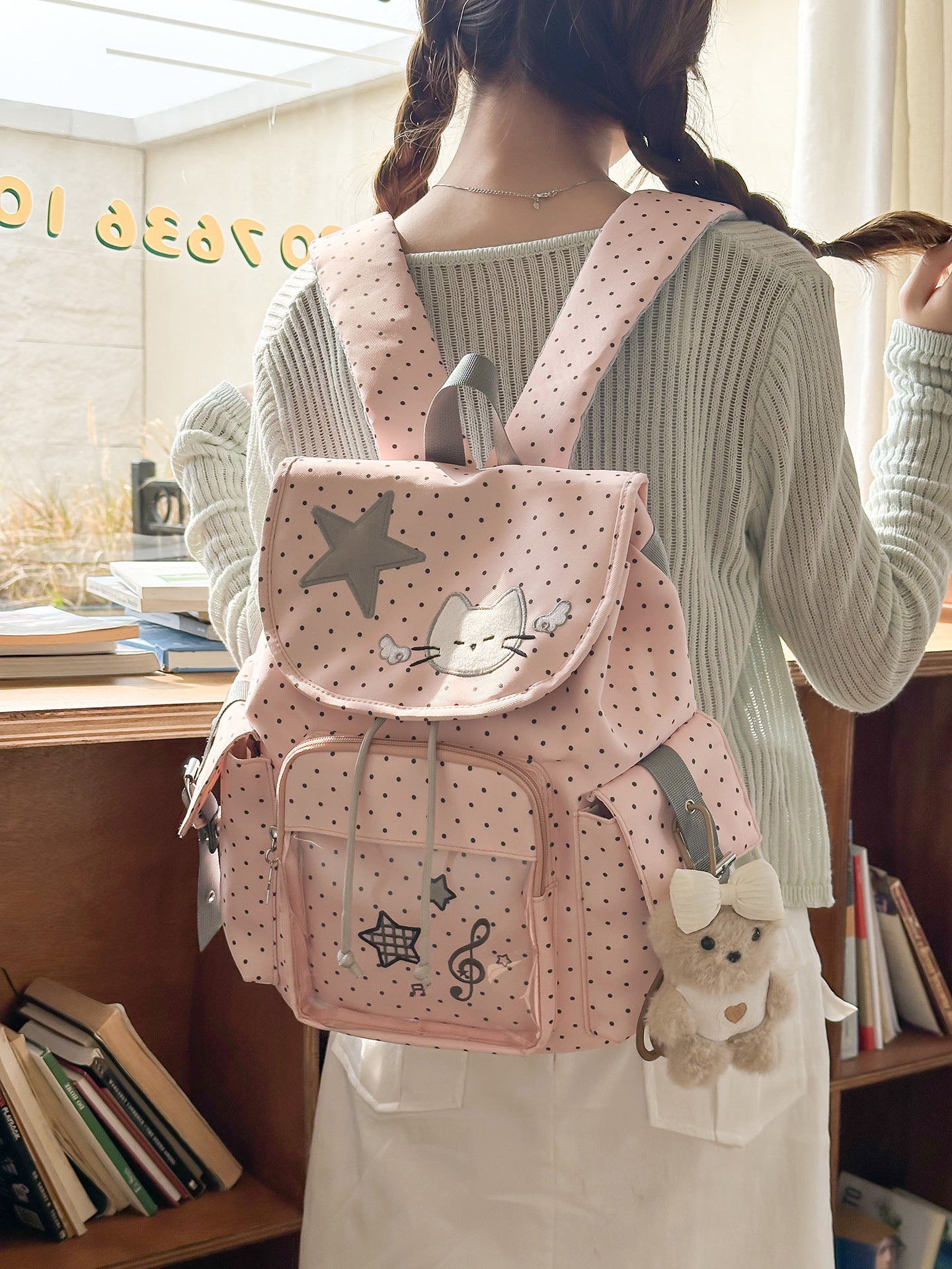 Korean Cute Polka Dot Cat Embroidery Drawstring Soft Leisure Backpack