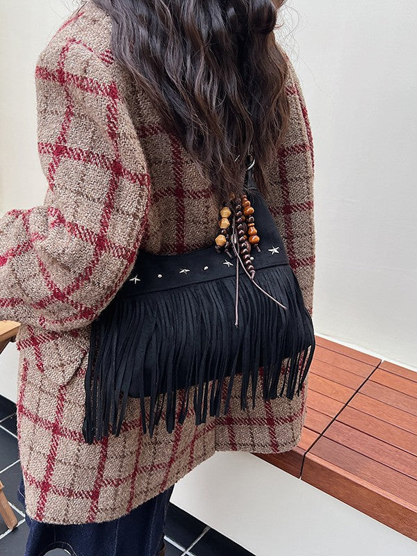 Women's Autumn Deerskin Veet Matte Tassel Retro Commuter Tote Bag