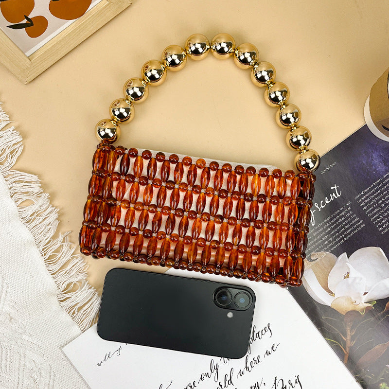 Amber Brown Special Interest Light Luxury Handmade Beaded Hollow Retro Women's Handbag
