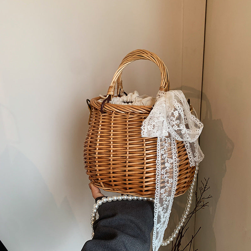 Hand-woven Rattan Weave Portable Vegetable Basket Vacation Beach Women's Shoulder Bag