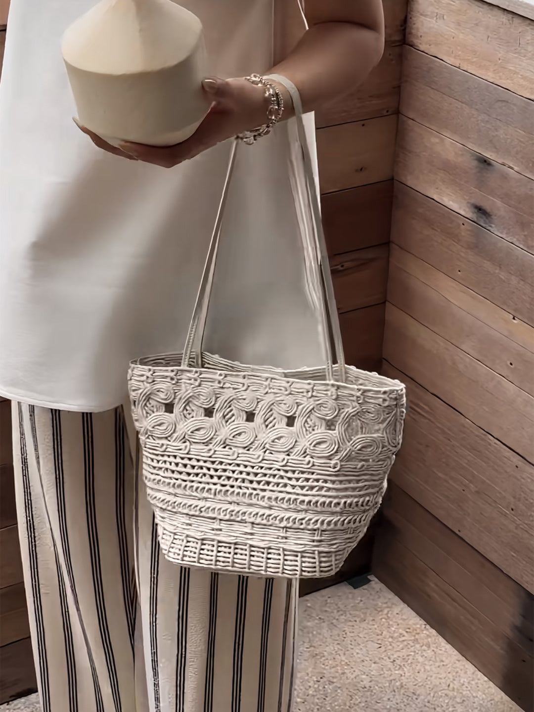 Women's Vacation Style Hollow Design Woven Vegetable Basket Tote Bags