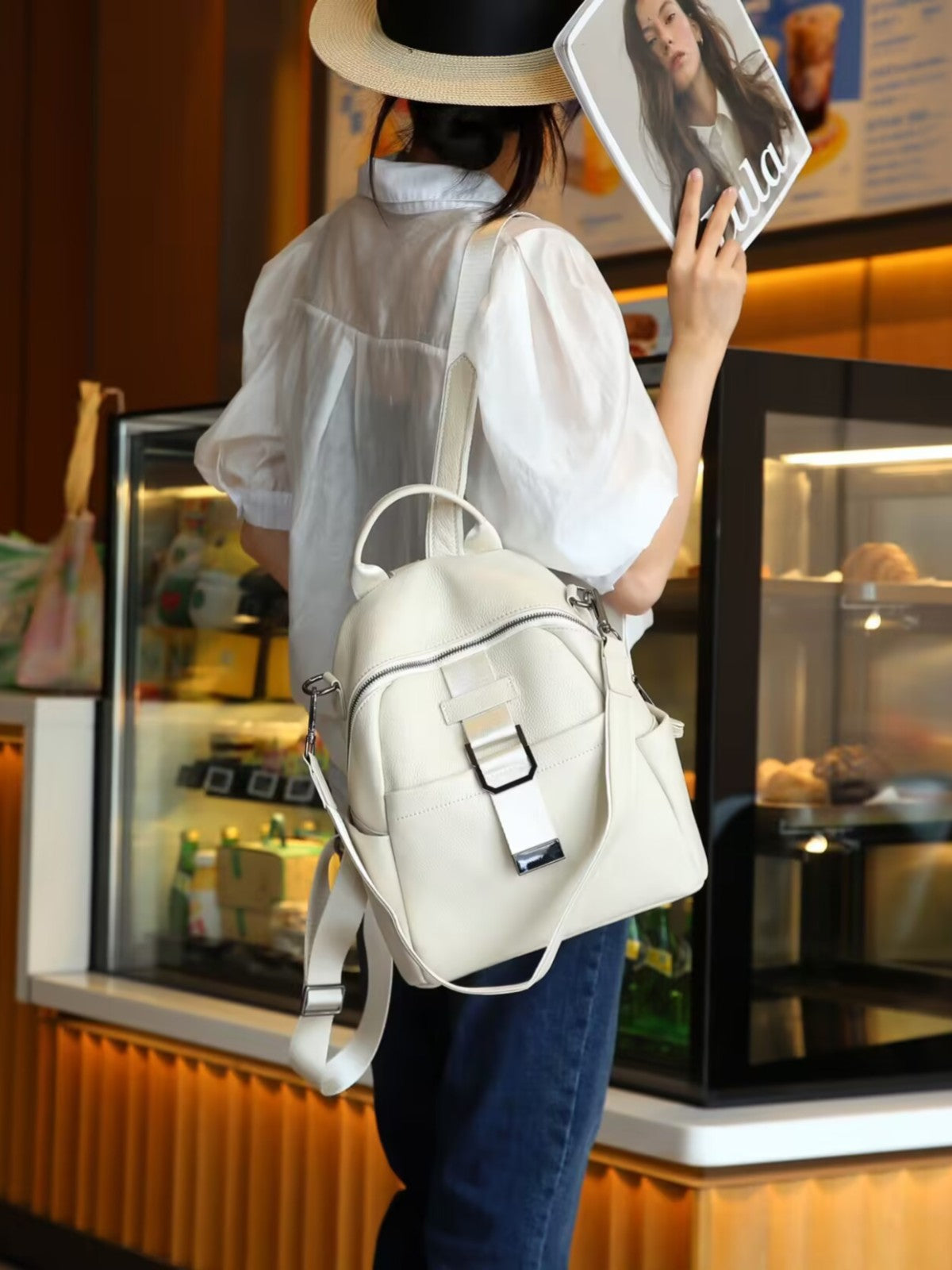 Women's First Layer Leather Lychee Pattern Elephant Gray Large Women's Backpack