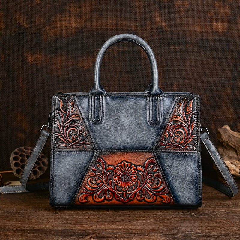 Women's Retro Patchwork Chinese Style Artistic Handmade Leather Carving Texture Women's Handbag