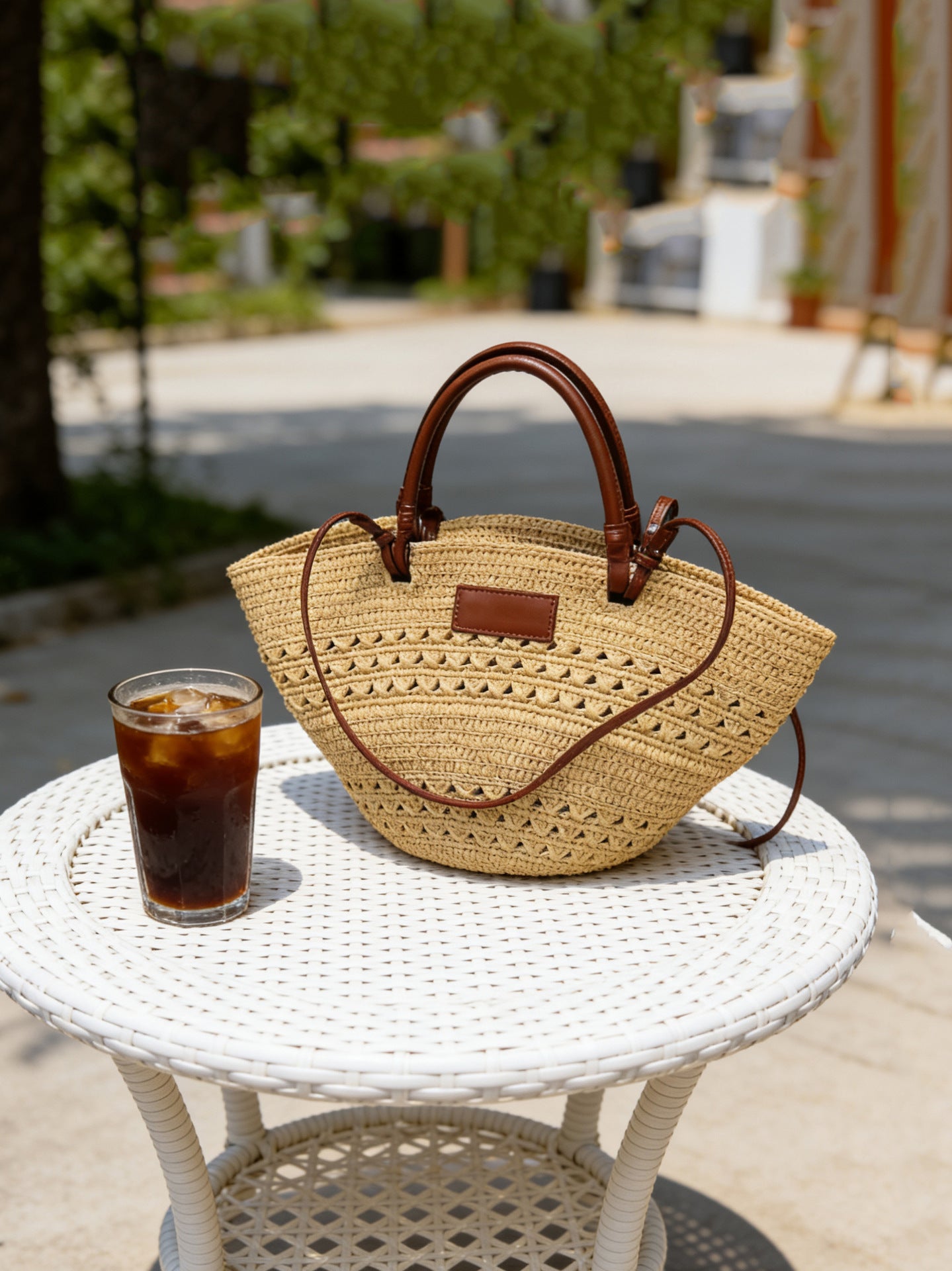 Women's Top Layer Cowhide Stitching Raffia Woven Vegetable Basket Large Tote Bag