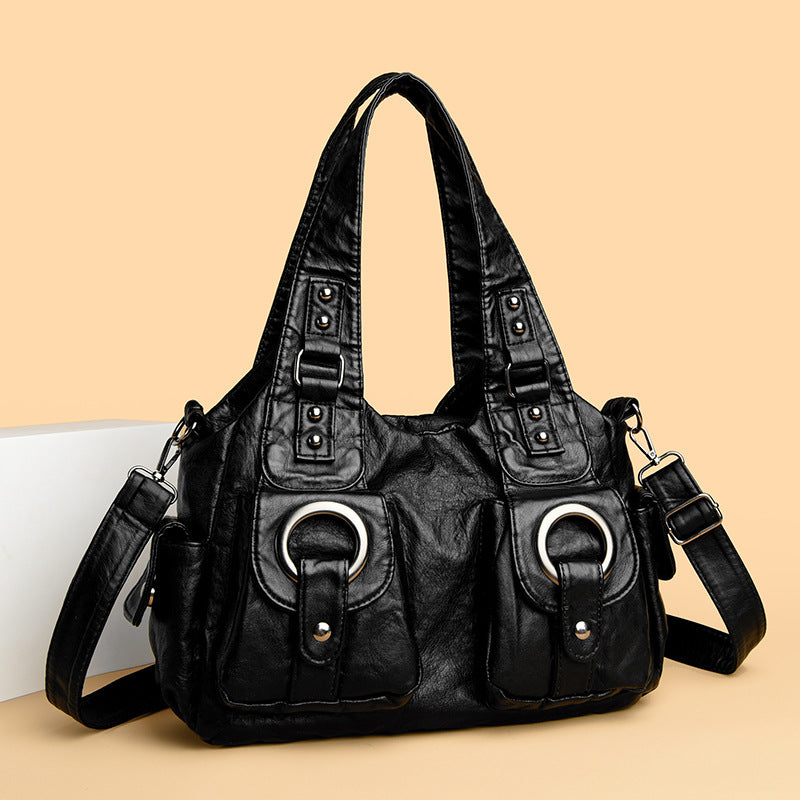 Women's Washed Leather Large Capacity Soft Retro Rivet Women's Shoulder Bag