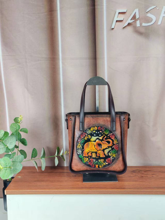 Women's Embossed Leather Carving Lucky Elephant High-grade Large Women's Shoulder Bag