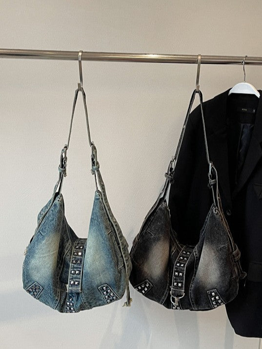 Large Capacity Totes Denim Rivet American Style Trend Tote Bag