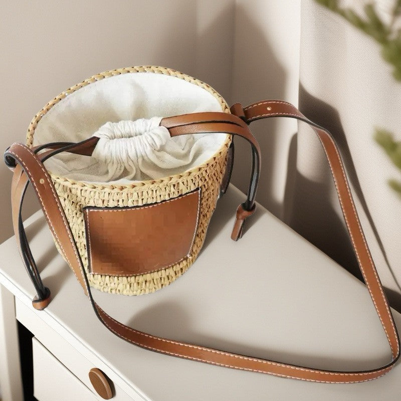 Cylinder Straw Woven Hand-woven Seaside Vacation Bucket Bags