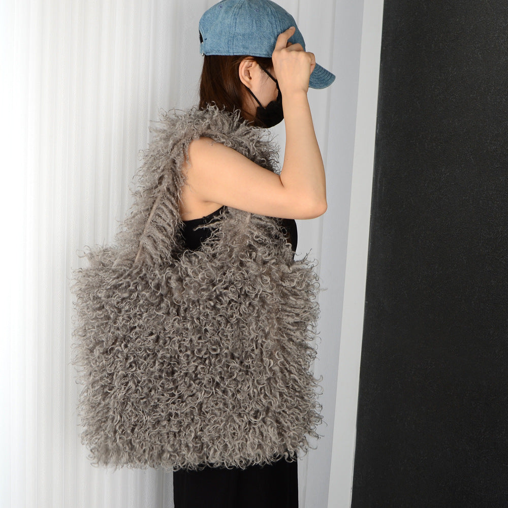 Women's Imitation Fur Tan Sheep Plush Portable Large Capacity Totes Bags