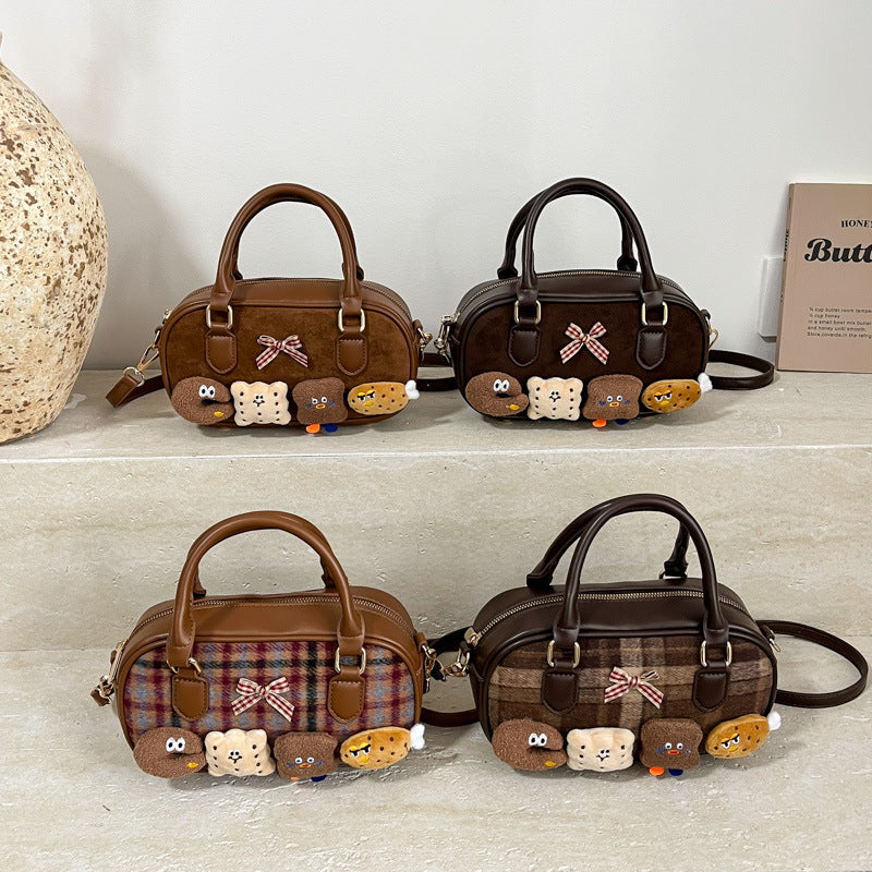 Women's Suede Woolen Check Pattern Niche Retro Handbags