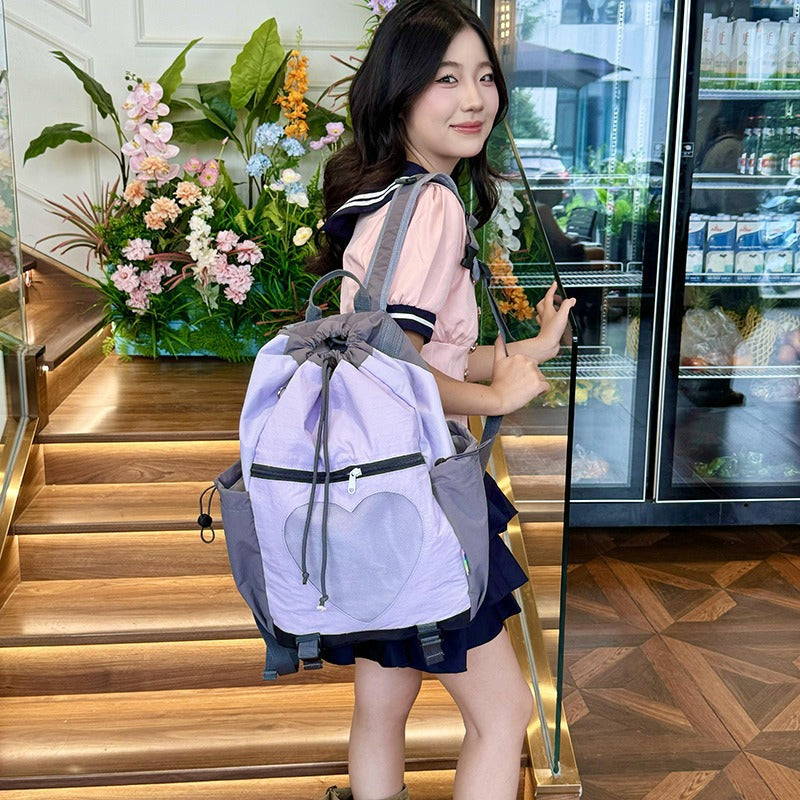 Niche Contrast Color Peach Heart Hiking Drawstring Large Capacity Backpacks