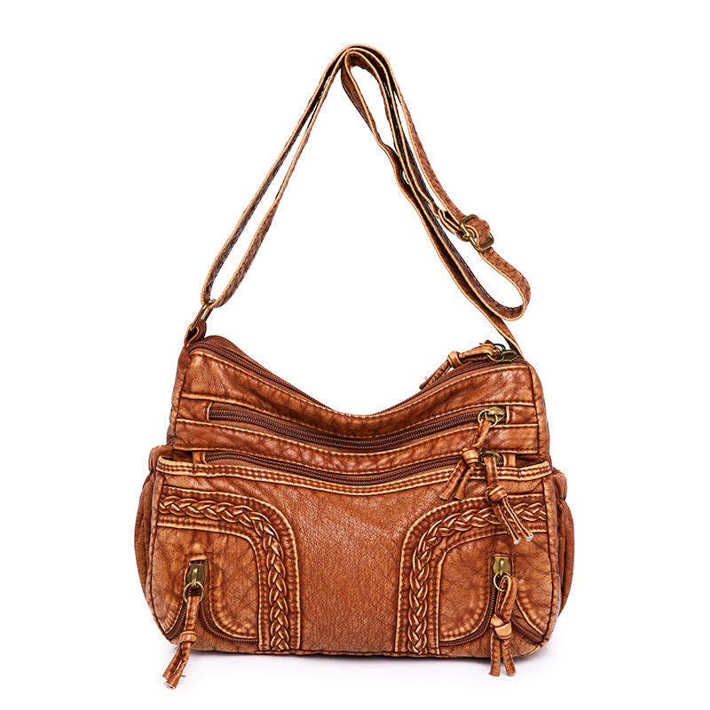 Women's Authentic Leather Tactile Feel Washed Woven Fashionable Large Capacity Women's Shoulder Bag