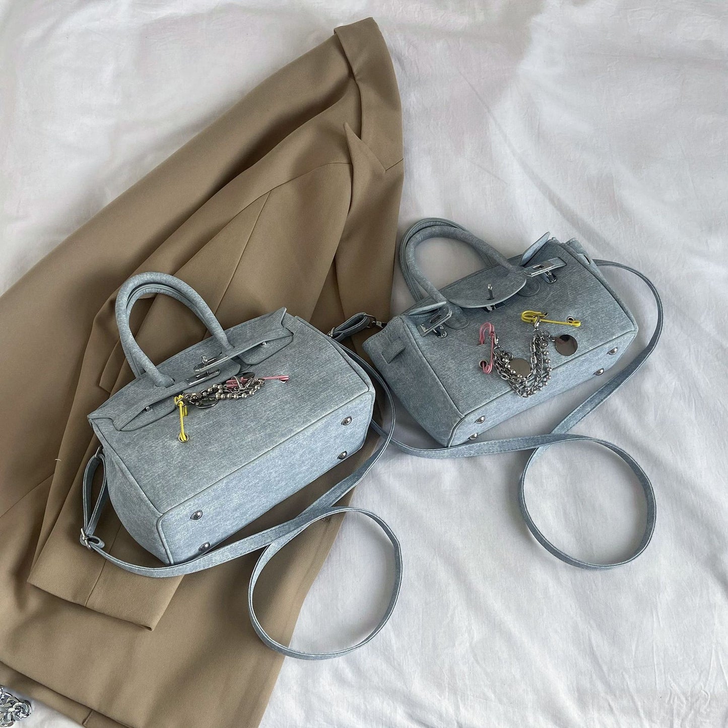 Retro Distressed Spoof Pin Rag Beggar Personality Denim Women's Shoulder Bag