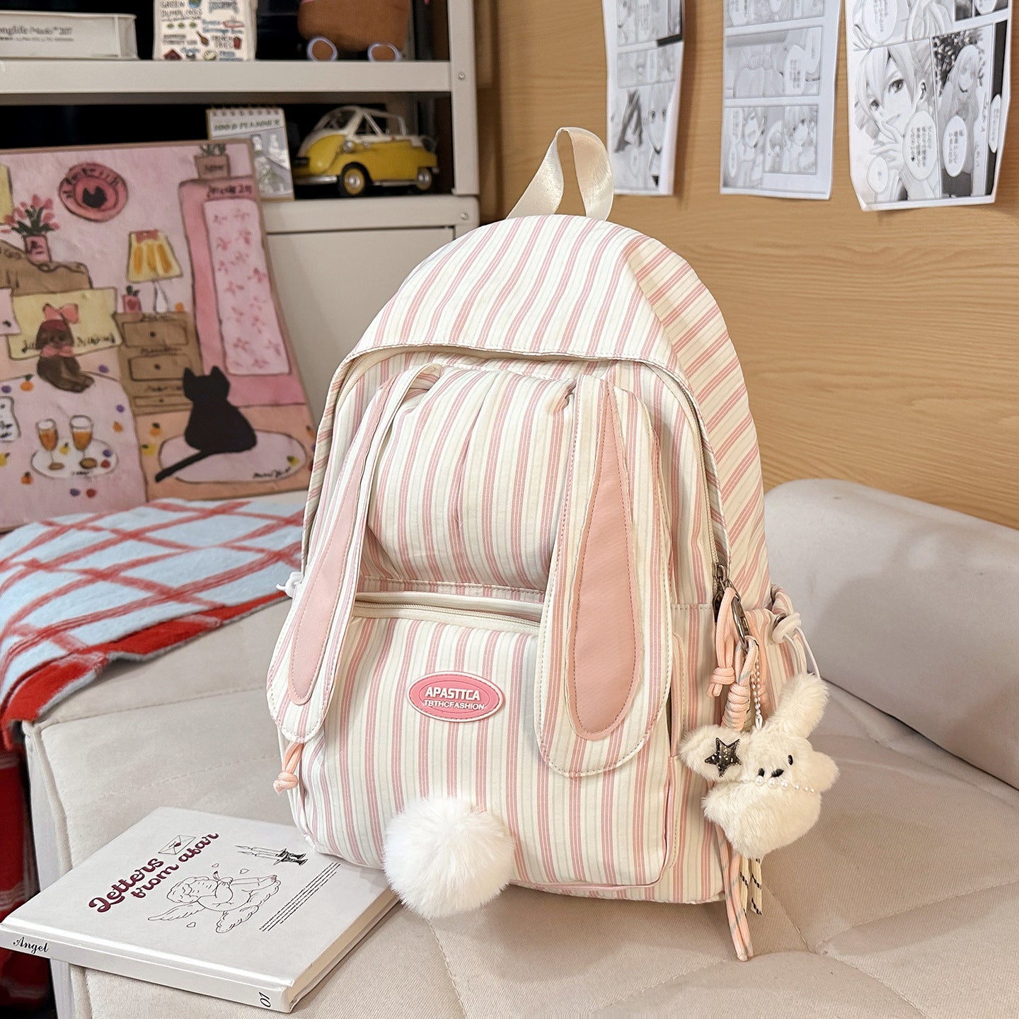 Cute Rabbit Sweet Stripes Junior Lightweight Large Leisure Backpack
