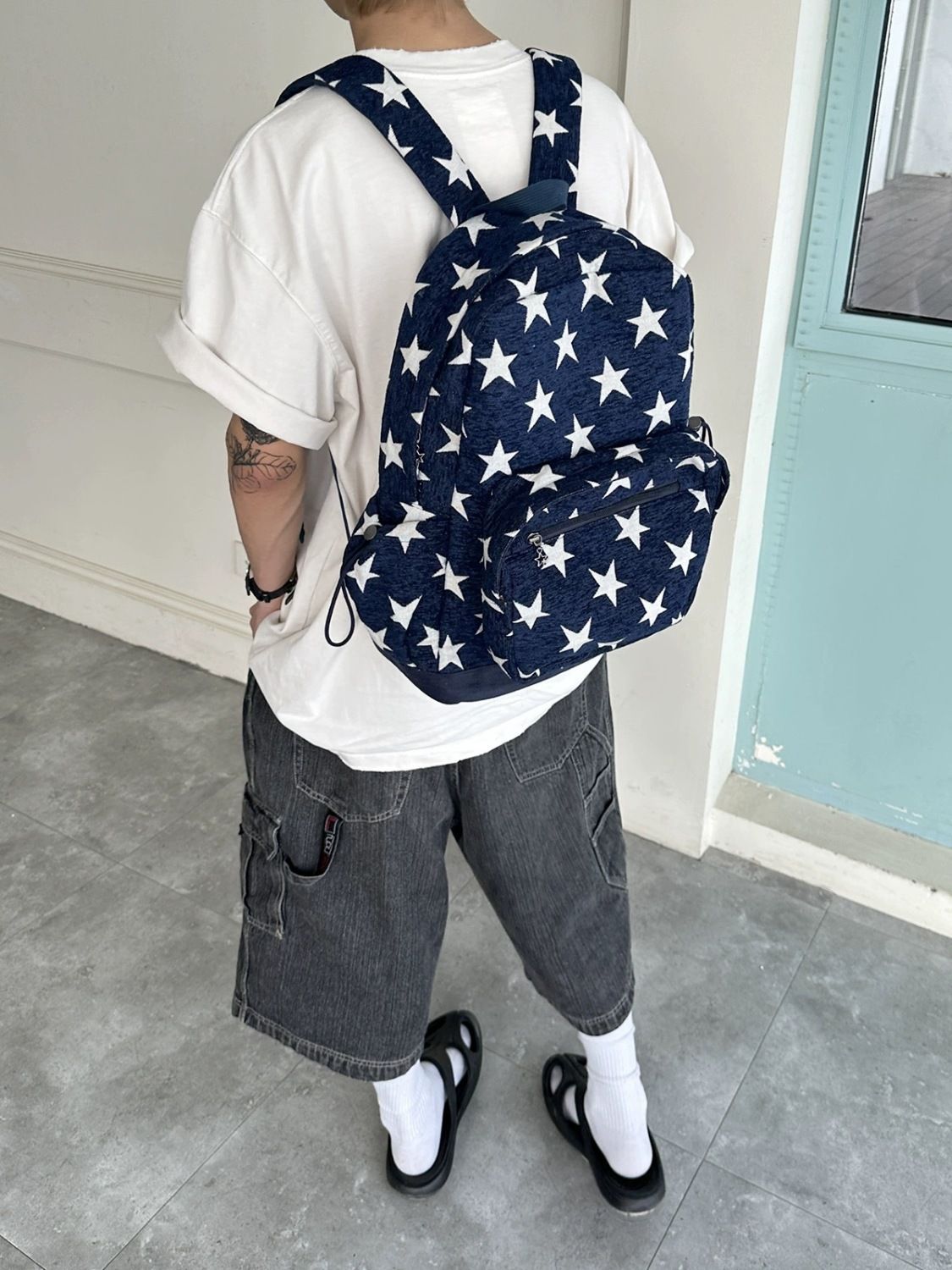 Stitching Veet Striped Denim Large Capacity Lovers Backpacks