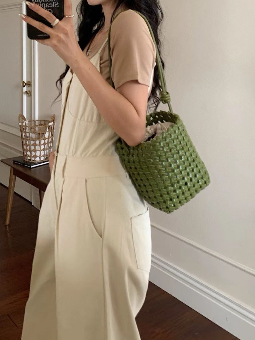 Windmill Knot First Layer Cowhide Handmade Woven Single Hollow Bucket Bags