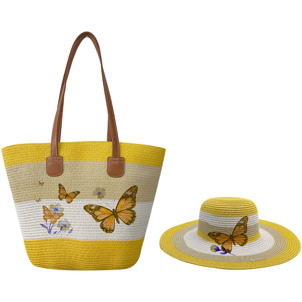 Women's Woven Hat Printing Suit Fashion Butterfly Handbags