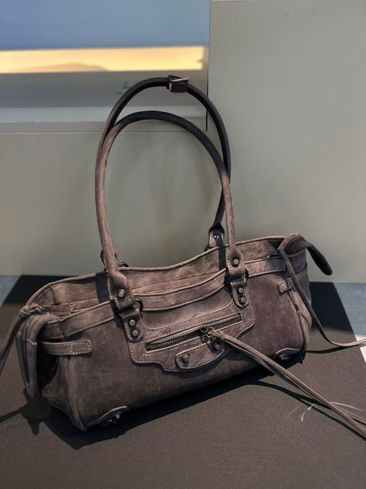 Women's Contrast Color Retro Cowhide Frosted Large Capacity Suede Motorcycle Women's Shoulder Bag