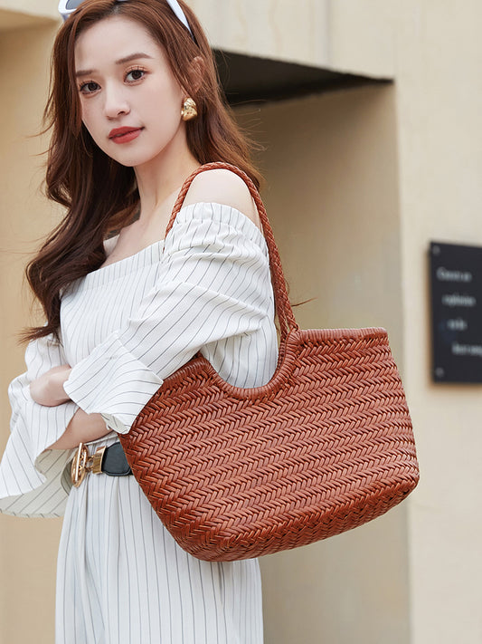 Woven Vintage First Layer Cowhide Vegetable Basket Tote Bag