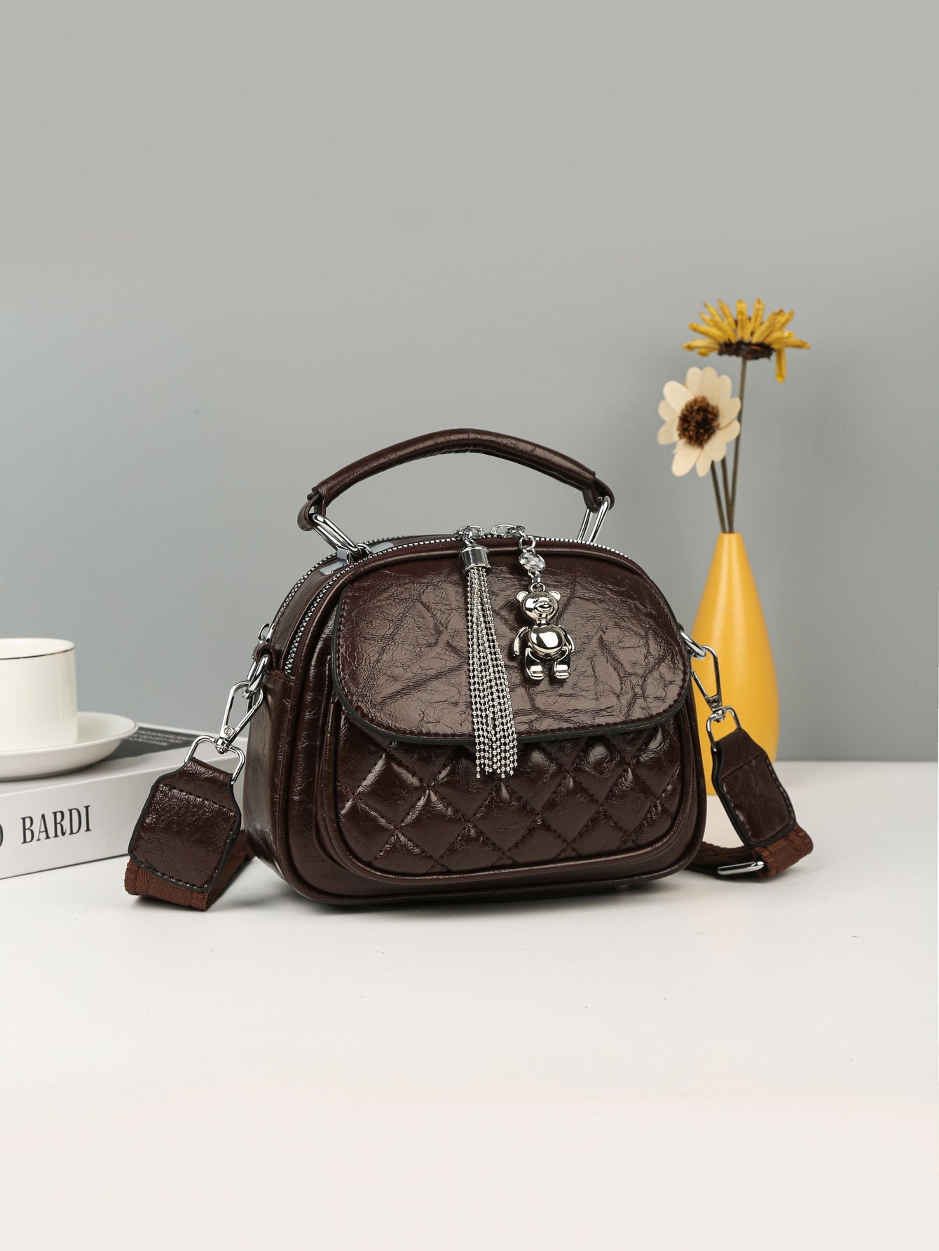 Women's Fashion Rhombus Tassel Bear Pendant Round Bags