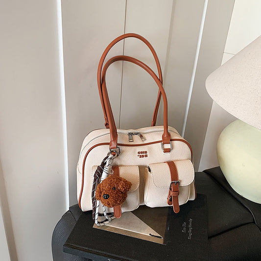 Women's Style Retro Color Matching Bowling Commuter Portable Design Underarm Bag