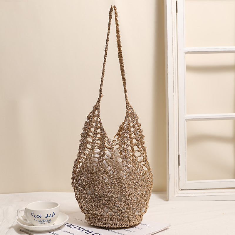 Straw Large Capacity Hollow Pattern Woven Seaside Vacation Style Women's Shoulder Bag