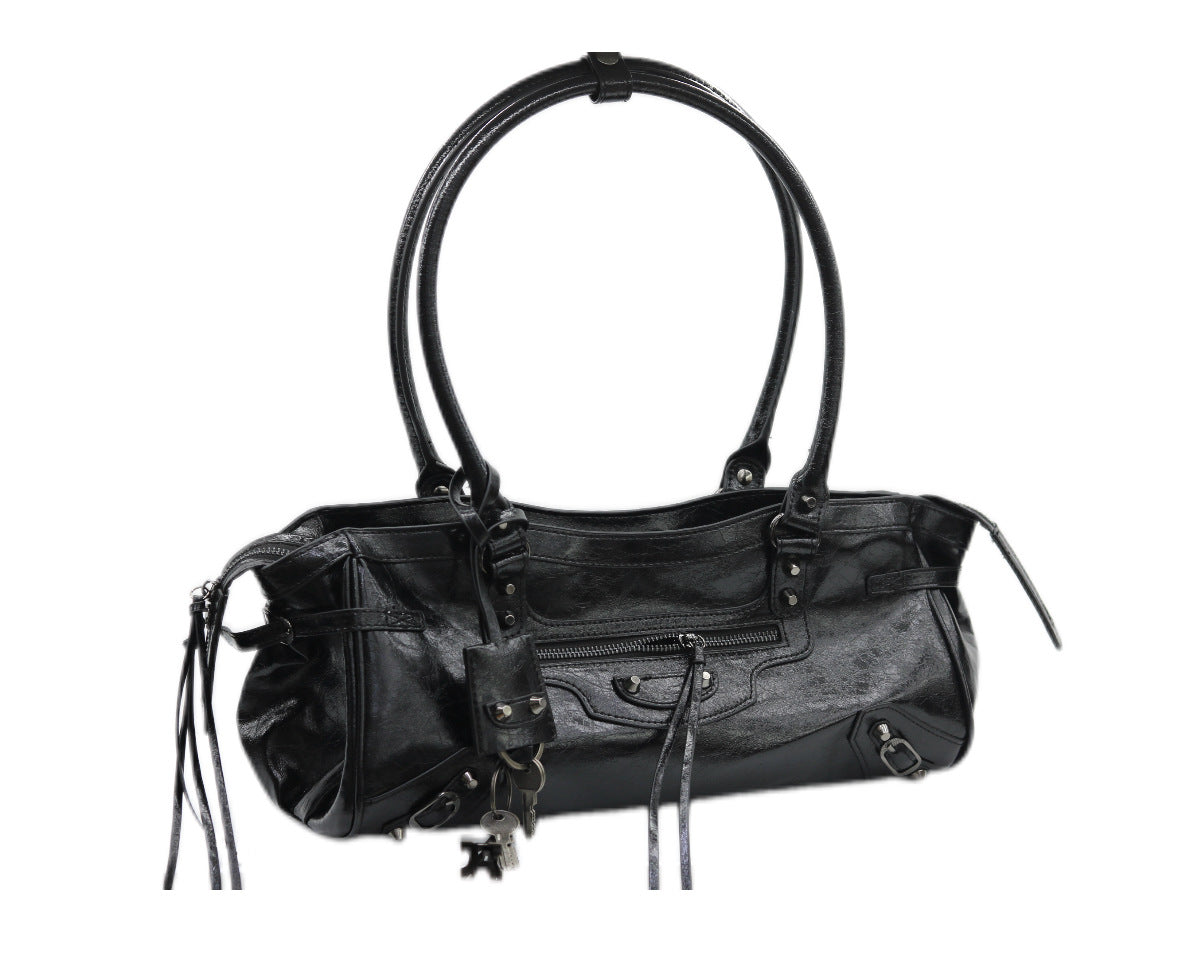 Pu Leather Motorcycle French Stick Button Women's Shoulder Bag