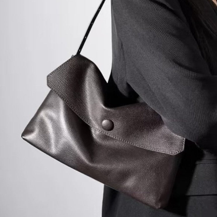 Women's Korean Style Niche Button Large Minimalist Top Layer Leather Bags