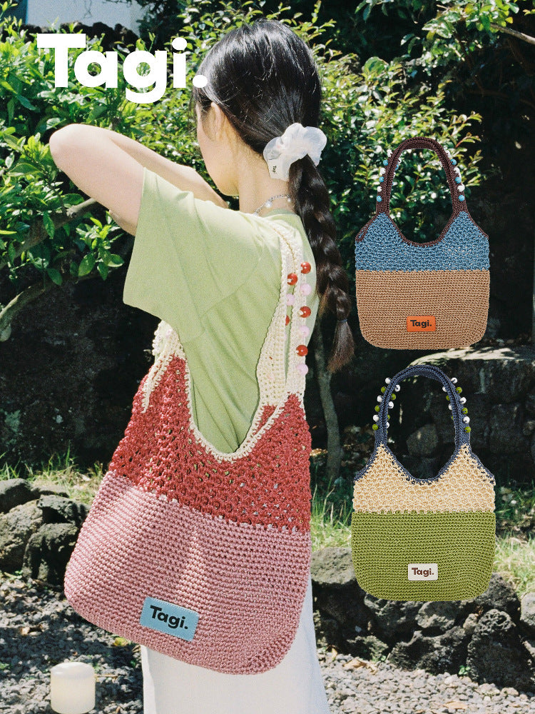 Summer Seaside Beach Wooden Bead Portable Contrast Underarm Bag