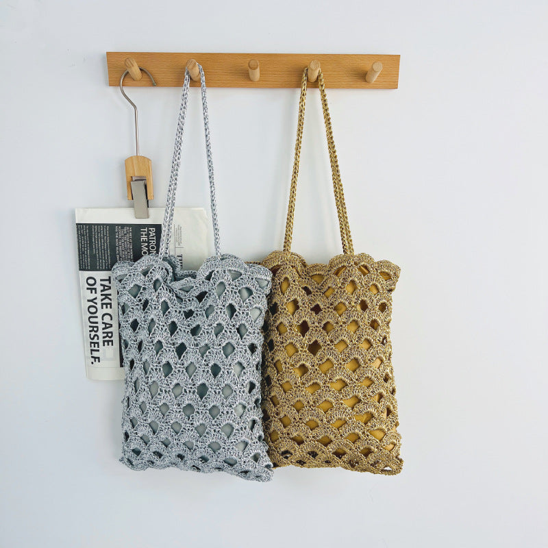 Women's Sier Hollow Straw Handmade Wave Pattern Woven Vacation Beach Niche Women's Shoulder Bag