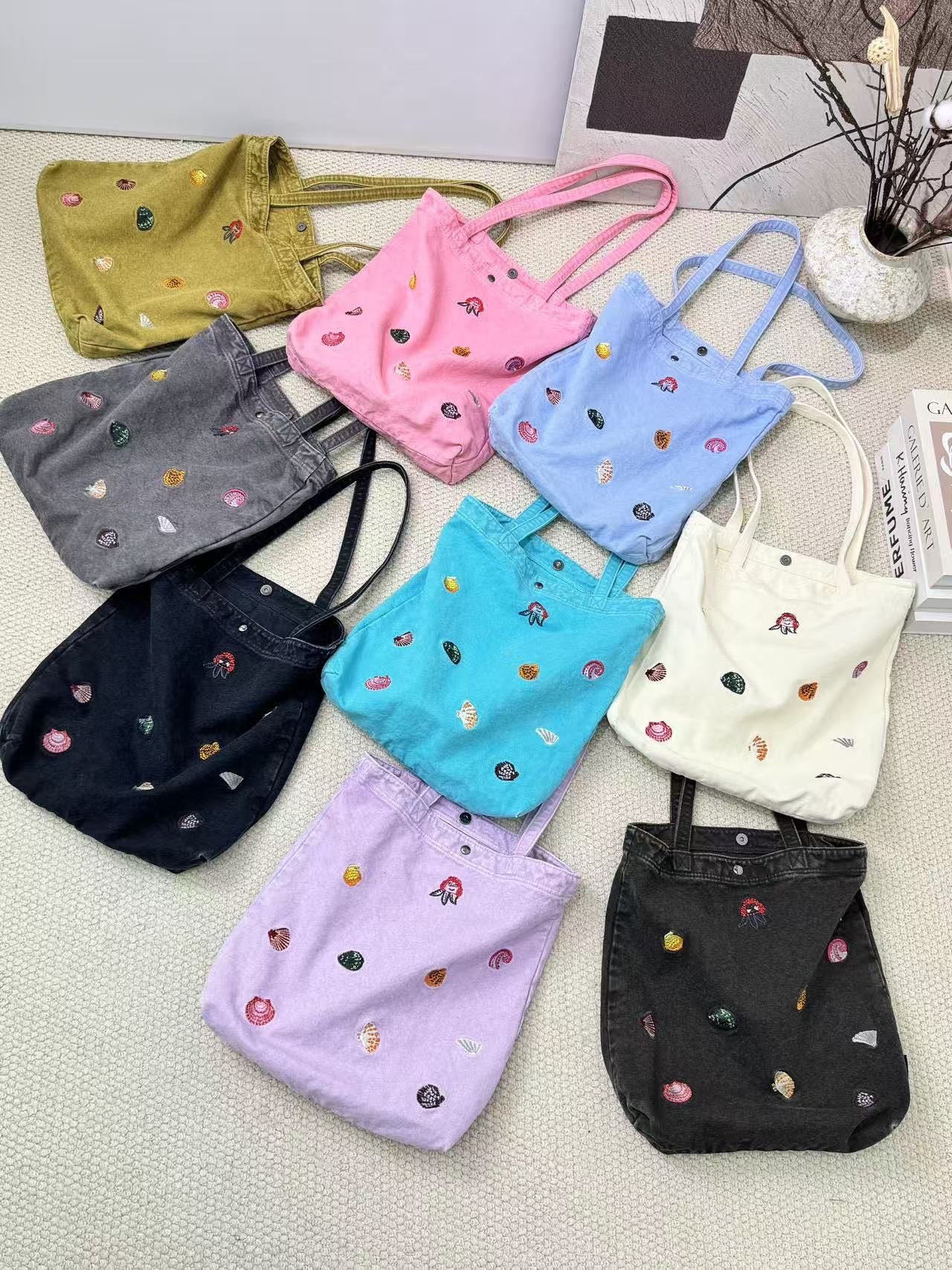 Korean Washed-out Denim Cute Embroidered Puppy Large Capacity Tote Bag