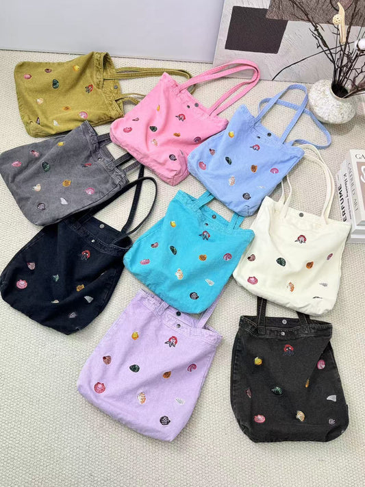 Korean Washed-out Denim Cute Embroidered Puppy Large Capacity Tote Bag