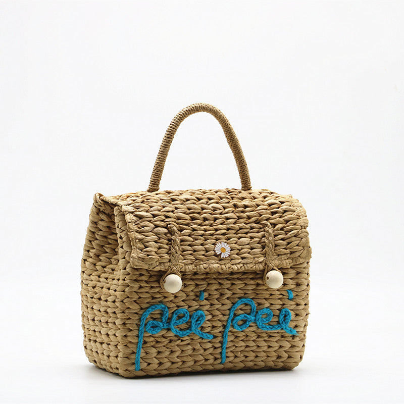 Women's With Cover Letters Straw Wooden Bead Bags