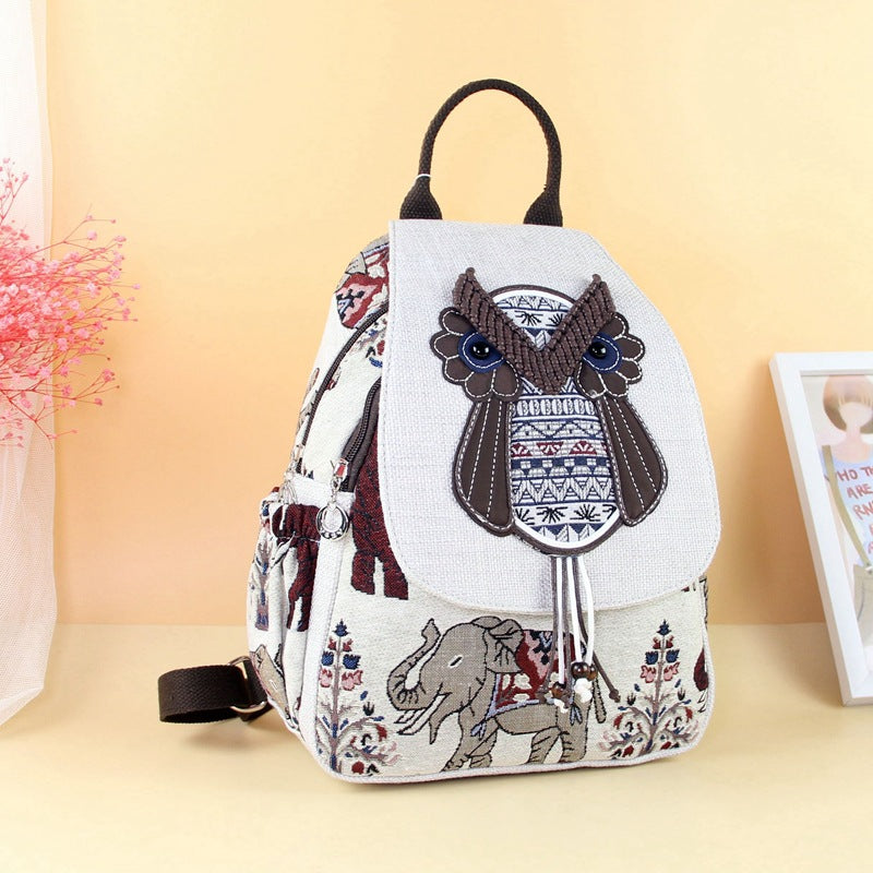 National Fashion Hand-woven Owl Antique Fabric Leisure Double Women's Backpack